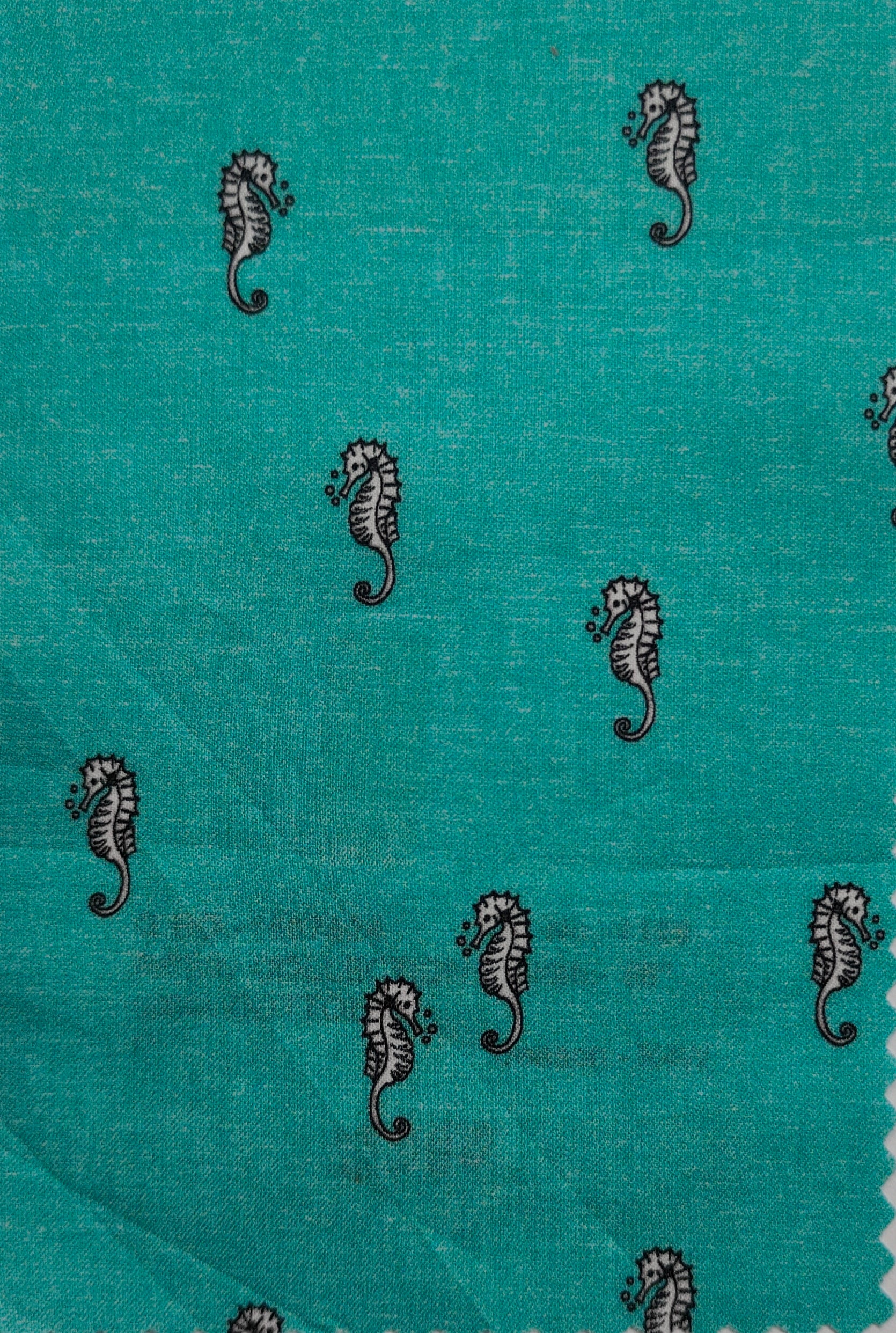 Shirt Fabric Raymond Regio Italia Super 137/2s Giza Cotton scattered seahorse motif Printed Colour Turquoise